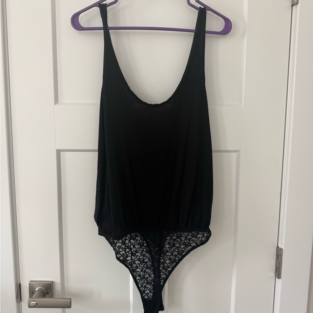 Free People Black Lace-Trim Bodysuit